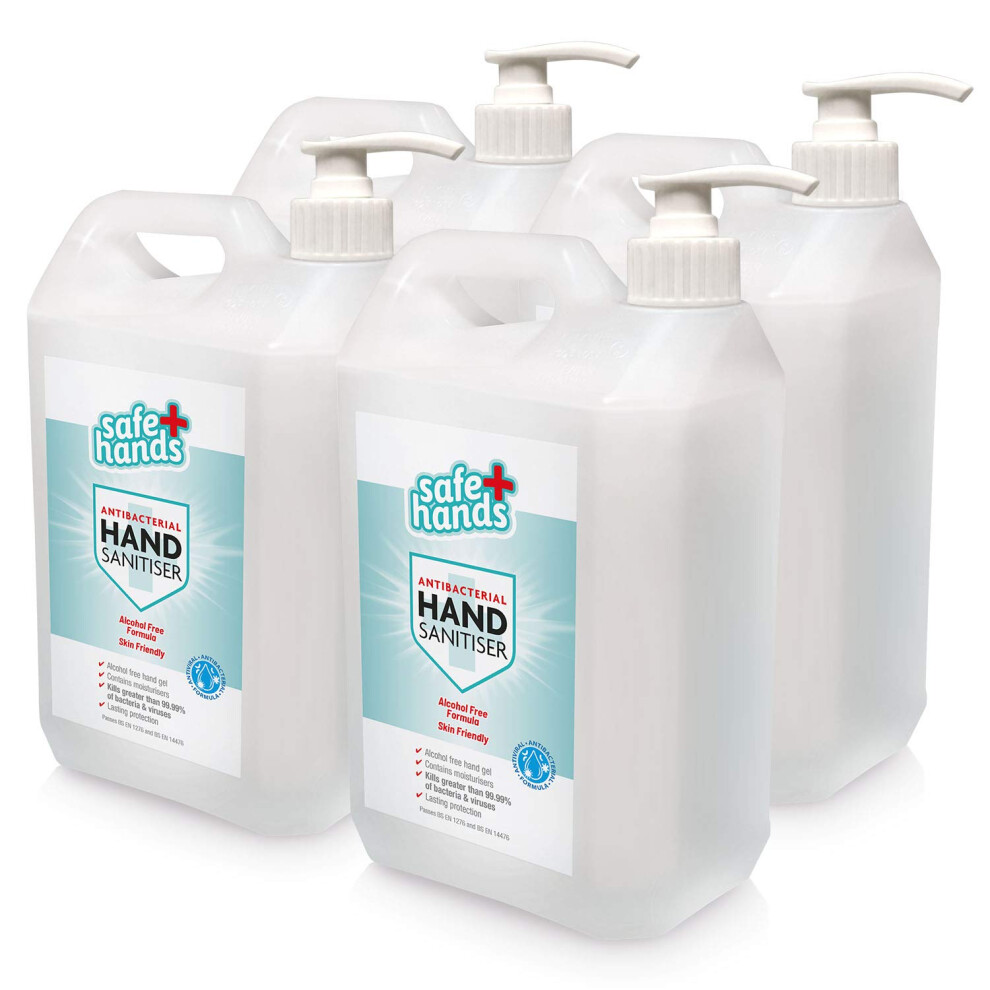 Star Brite Safe Hands Hand Sanitiser Gel Parent | Alcohol Free | 5 Litre (4 Pack) With Dispenser Pumps | Antibacterial & Antiviral Non Alcohol Hand Sanitizer |