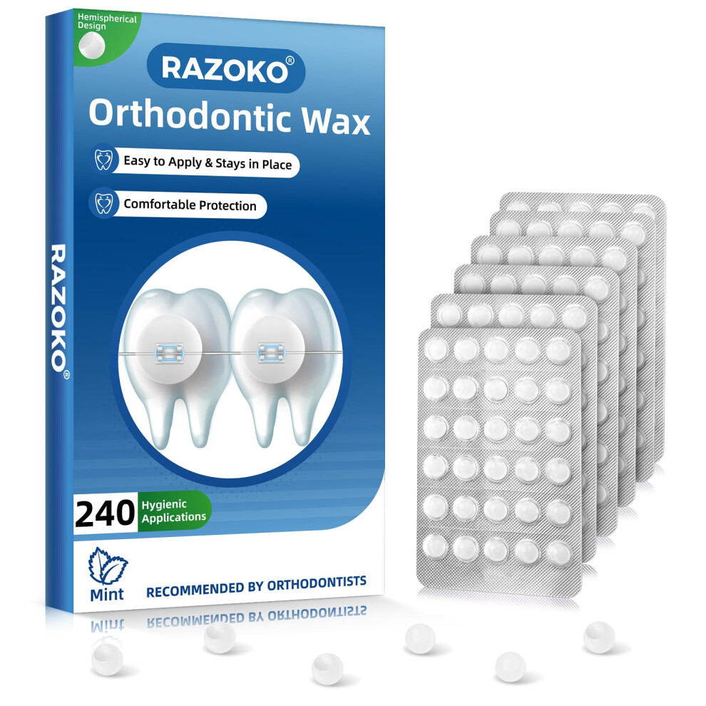 Razoko Orthodontic Wax For Braces - 240 Dental Wax Dots, Mint Flavor | Hygienic Individual Wraps, Strong Adhesion For Brackets & Wires