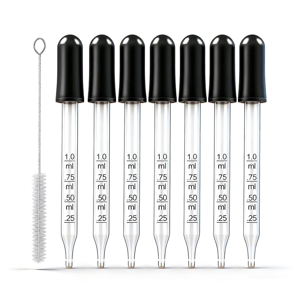 Angyang Black Eye Dropper Set For Essential Oils,7Pcs Pipettes Dropper With Rubber Head, Calibrated Thick Glass Medicine Dropping Pipettes, 1Ml Dropp