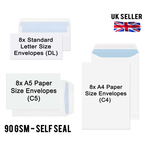 Mixed Size Pack Standard / A5 / A4 No Window SELF Seal Envelopes Plain White DL 1