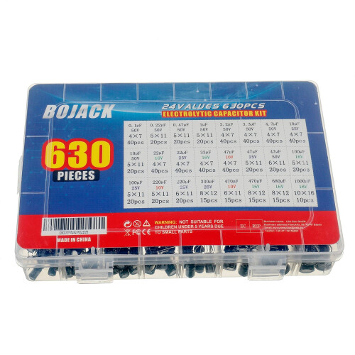 BOJACK 24Value 630pcs Aluminum Electrolytic Capacitor Assortment Box Kit Range 0.1uF－1000uF 2