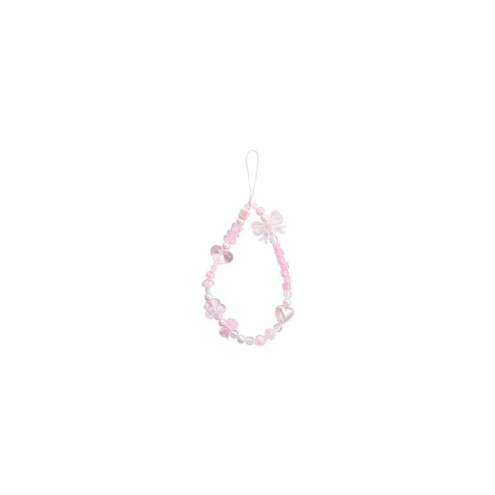 Beaded Phone Charm With Wrist Strap Keychain, Stylish Secure Loop Multiuse Accessory Pink 9455672911450