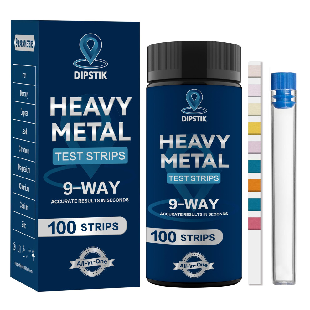 Dipstik 9 Way Heavy Metals Water Test Strips, 100Ct Home Water Testing Kit For Iron, Mercury, Copper, Lead, Chromium, Magnesium, Cadmium, Calcium,Zinc