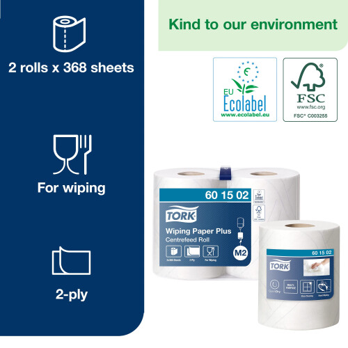 Tork Centrefeed Wiping Paper Plus White M2, Multipurpose, 2 x 368 Sheets, 601502 2