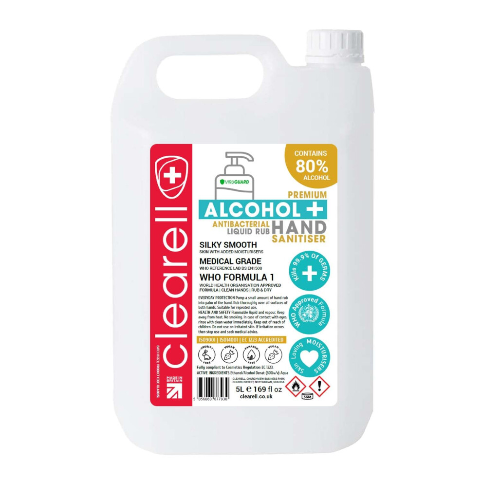 Clearell 5 Litres 80% Alcohol Who Approved Formula 99.9% Antibacterial Moisturising Hand Sanitiser Liquid Rub - 5L - Certified Surgical/Medical Grade