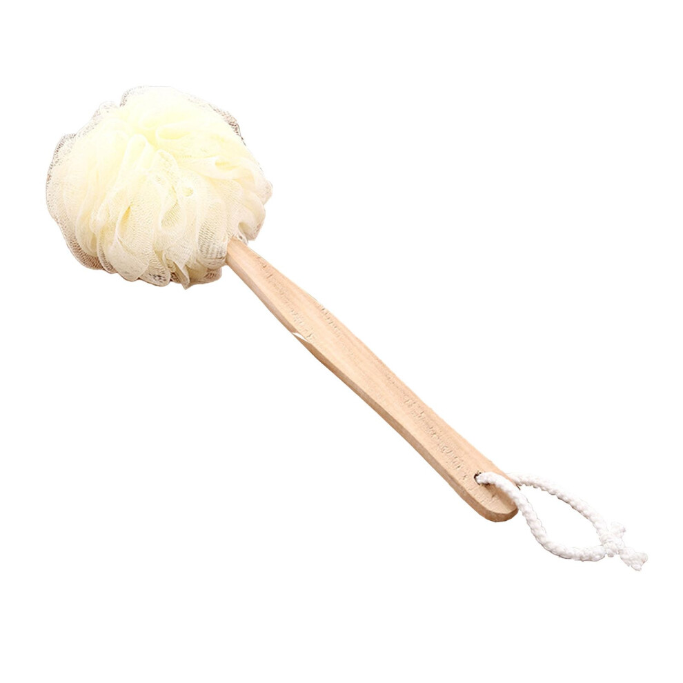 White Long Handle Shower Brush Back Scrubber With Wooden Grip And Nylon Bristles For Gentle Exfoliation
