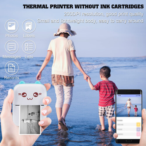 Mini Thermal Printer, Portable Photo Printer for Phone, Bluetooth Mini Label Printer, Sticker Maker Machine, Compatible with iOS and Android, with 5 2