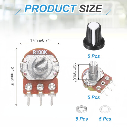 sourcing map 5Pcs WH-148 Potentiometer 3Pins B100K Ohm Linear Taper Rotary Potentiometer XH2.54 Variable Resistor Potentiometers with 5 Plastic Knobs 1