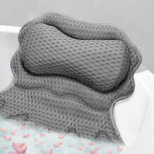 Bath Pillow for Neck and Back Support, Ergonomic 4D Mesh Bathtub Cushion with 6 Suction Cups, Grey