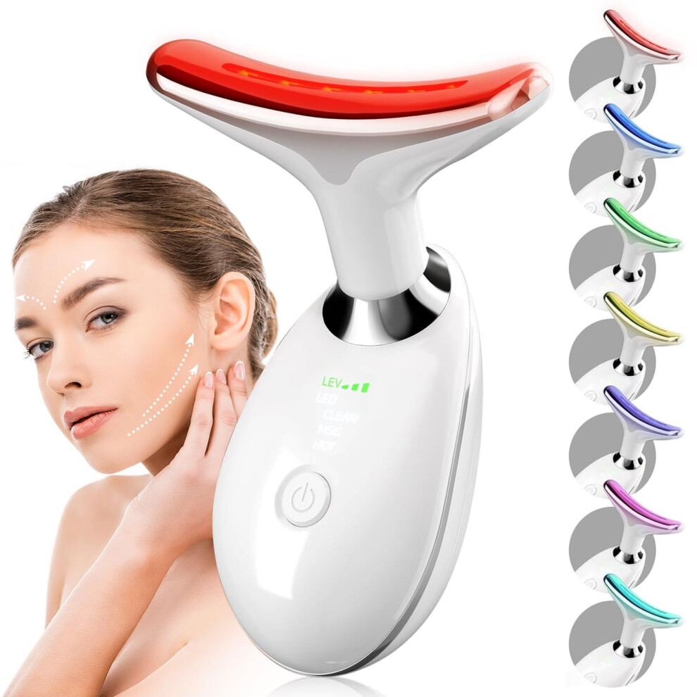 White Led Face And Neck Massager With 7Color Therapy For Skin Tightening, Lifting And Glow Boost