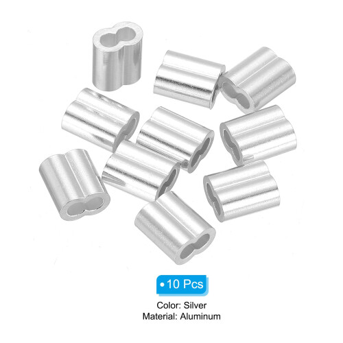sourcing map 3/32" 2.5mm Aluminum Crimping Loop Sleeve Double Ferrule for Wire Rope Cable Line End, Silver 10pcs 2
