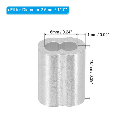 sourcing map 3/32" 2.5mm Aluminum Crimping Loop Sleeve Double Ferrule for Wire Rope Cable Line End, Silver 10pcs 1