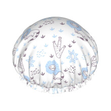 Waterproof Shower Cap for Long Hair Women Reusable with Cartoon Chameleon and Cactus Print