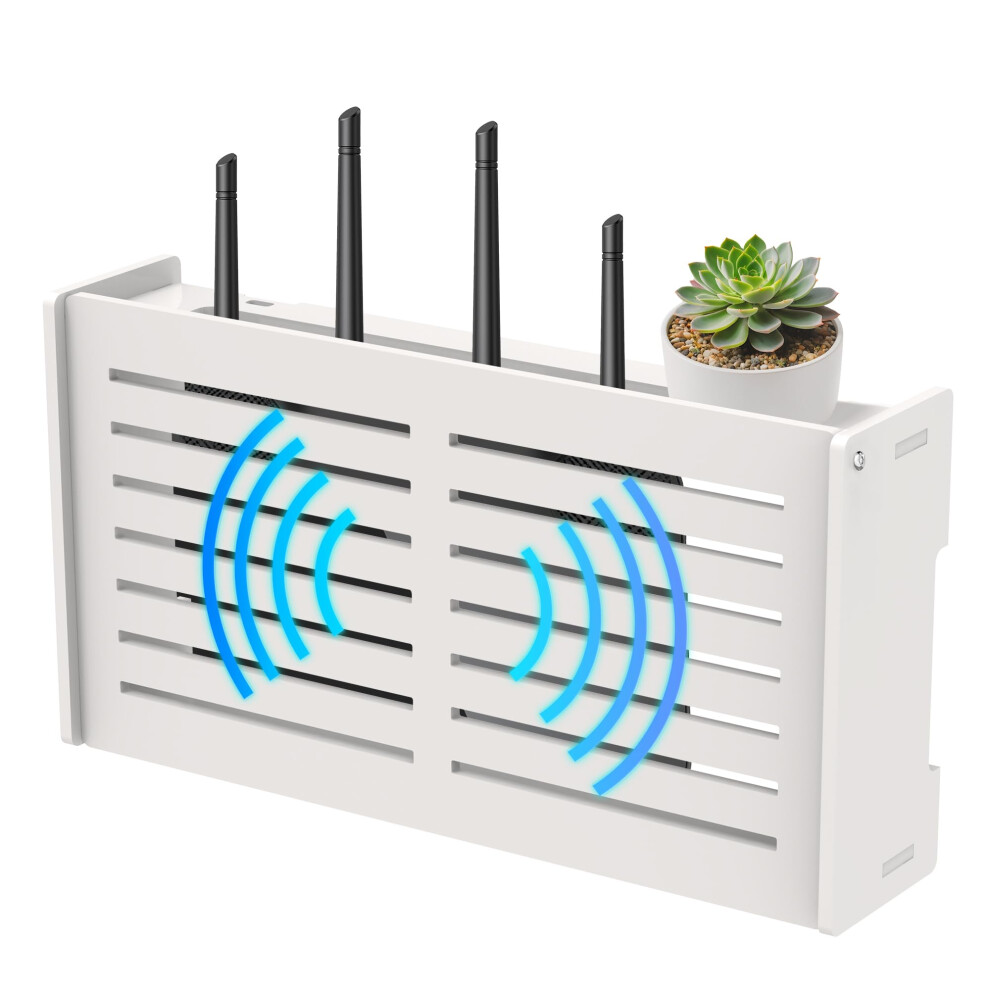 Wifi Router Box Wall Mount With Cable Management Ventilated Wooden Organizer Storage (White Large) 9113335738195