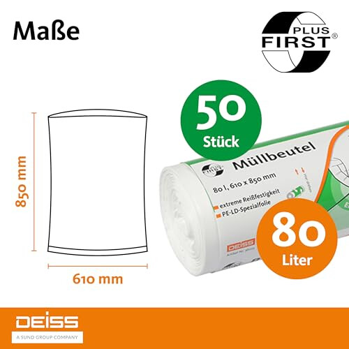 Deiss First Plus Bin Liners, White, 80 L, Pack of 50 2