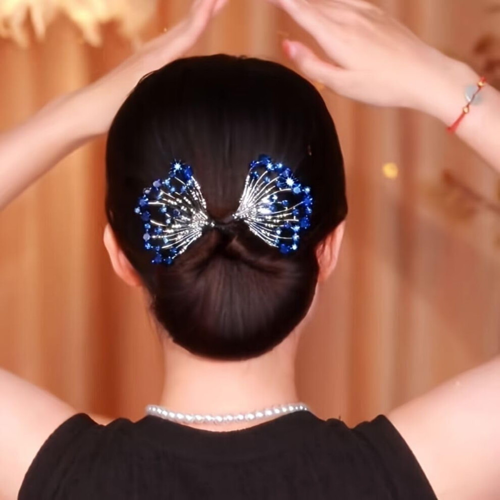 Hair Bun Maker and Twister with Blue Rhinestones, Quick Elegant Bun Styling Tool for All Hair Types