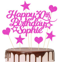 Personalised Happy Birthday Cake Topper Customised with Any Age Name Party Cake Decoration 16 18 21 40 60 Double Sided Glitter Card Pink