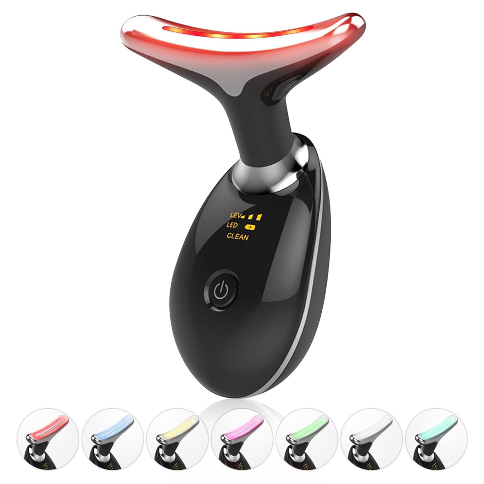Black Led Face Massager With 7Color Led Therapy, Heat And Vibration, Skin Tightening Face Sculpting Tool, Glossy