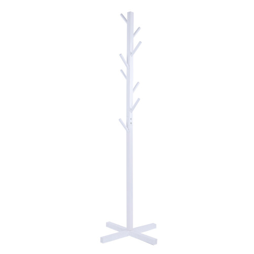 Freestanding Bamboo Coat Hanger with Eight Hooks, Adjustable Height Design Rustproof and Durable Material Stable Base Anti Skid Surface Space Saving