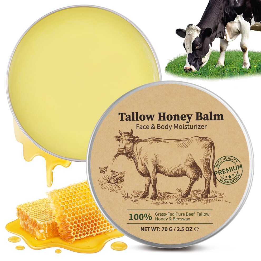 Beef Tallow Balm with Honey, Grass Fed Whipped Moisturizer for Deep Hydration and Sensitive Skin, 2.5oz
