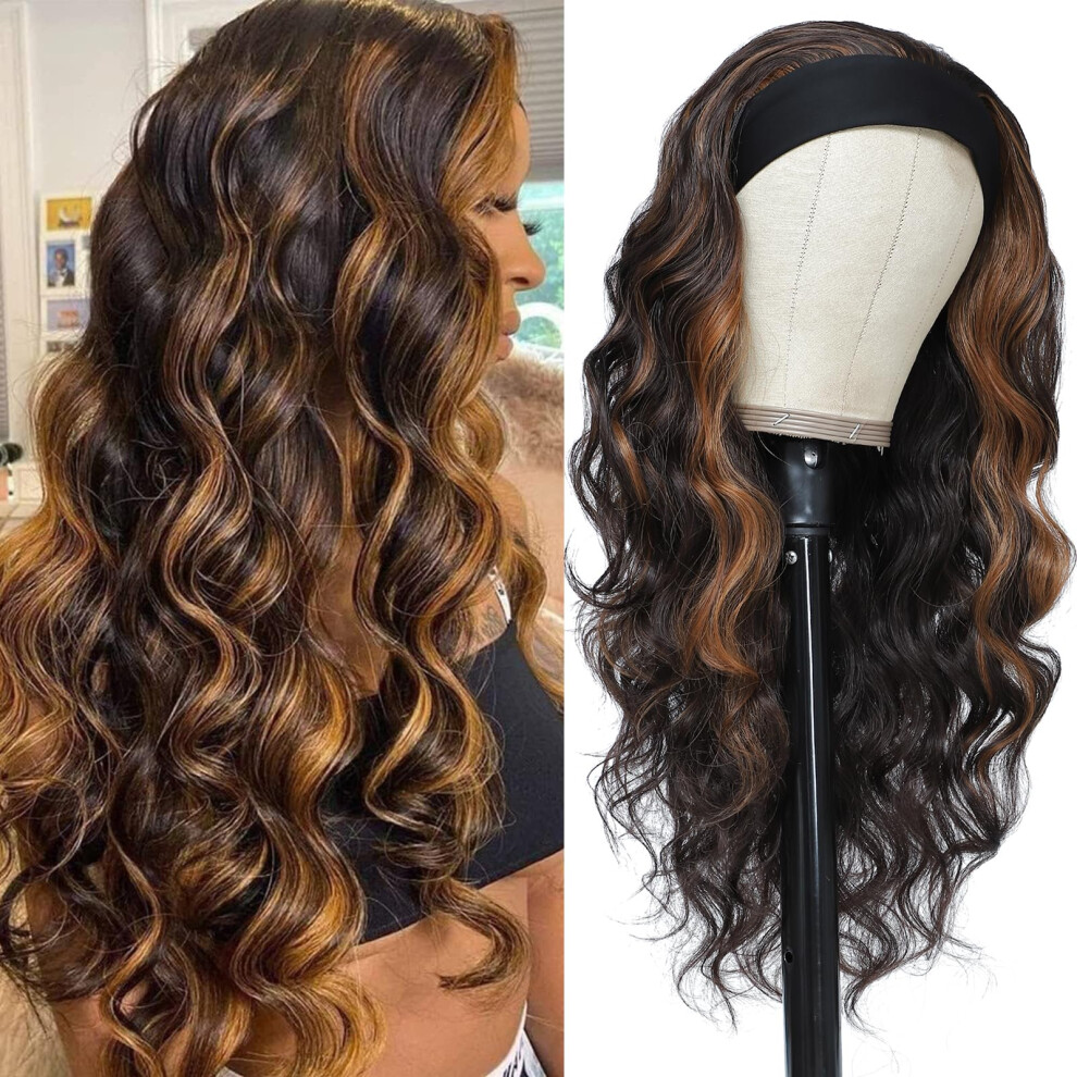 Unisex Black,Brown 24 Inch Brown Long Wavy Headband Wig Glueless Synthetic With Black Brown Blonde Highlights
