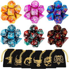 DND Dice, QMAY 6 x 7 Set Polyhedral Double-Color Dice Sets with 6 Gold Pattern Drawstring Pouches for Dungeon and Dragons MTG Table Games RPG DND D20