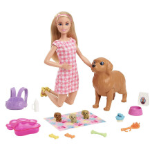 Barbie Doll and Pets Playset, Blonde Doll with Mommy Dog and 3 Puppies, Colour Changing Features Pet Accessories, Toys for Ages 3 and Up, One Doll wi