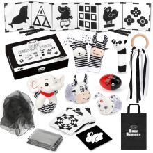 Joyreal Baby Sensory Toys, 13 Pcs Black and White Sensory Toys 0-6 Months, Foil Blanket, Sensory Cards, Baby Rattles, Ribbon Ring, Scarf, Maracas