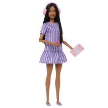 Barbie Fashionistas Doll #245, Autistic Doll Wearing Purple Striped Dress with Accessories like Fidget Spinner, Tablet and Headphones, JJN58