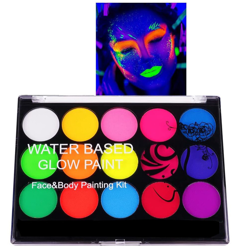 Uraqt Face Paint Kit, 15 Color Neon Ultraviolet Glow Face Painting Palette, Faces Paints Safe Body Painting For Adults Kids Party Carnival, Makeup Pa