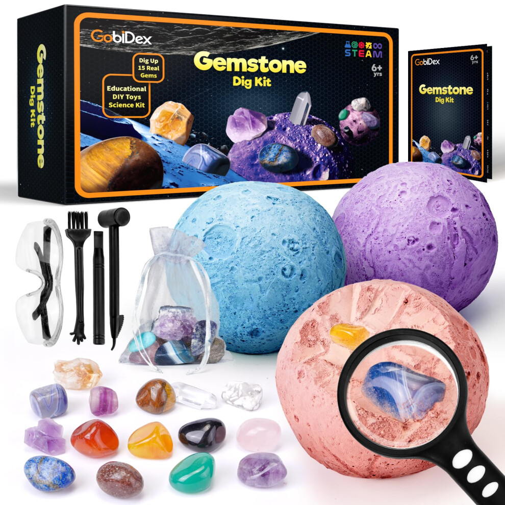 Gobidex Mega Gemstones Dig Kit - Dig Up 15 Real Gems And Crystals, Geology Educational Excavation Kit For Boys And Girls Ages 6+, Science Digging Set With Cr