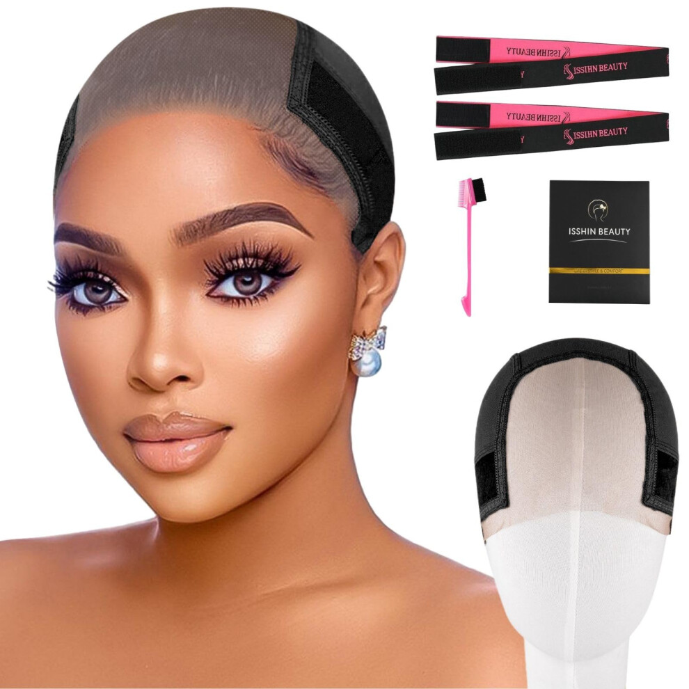 Unisex Black Lace Wig Grip Cap Transparent Swiss Lace Front With Adjustable Nonslip Band For Medium Head