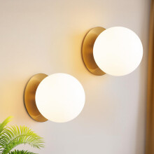 Brushed Gold Wall Sconces Set of 2 Mid Century Bathroom Vanity Lights with Milky Glass Shades