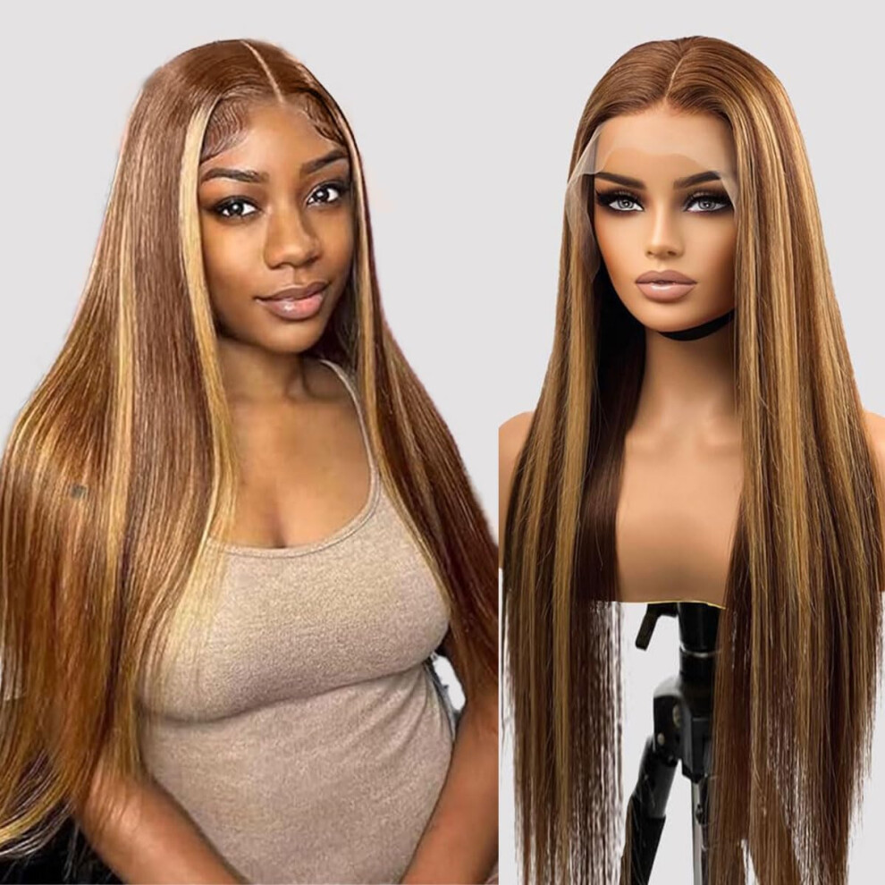 28 Inch 13x4 Honey Blonde Straight Lace Front Wig Human Hair 200 Density Pre Plucked Ombre Highlight for Black Women