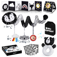 Joyreal Spiral Pram Toys for Babies - Black and White High Contrast Newborn Toy, Car Seat, Rattles, Sensory Cards, Baby Books 0-12 Months Gifts for G
