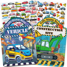 Elfew 2 Pack Puffy Sticker Books for Kids 2-4, Construction Truck and Vehicle Car Stickers for Toddlers Boys, 3D Reusable Stickers Books for Toddlers