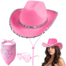 Aomig 3Pcs Cowboy Hat Fancy Dress Accessory, Cowboy Costume Set with Paisley Bandanna and Glasses, Western Cowboy Fancy Dress Costume for Birthday Ha