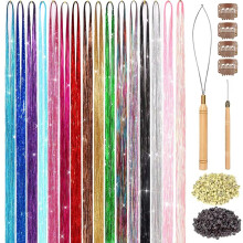 Hair Tinsel Extensions Kit for Girls, 16 Colors Heat Resistant Glitter Strands with Accessories 43in
