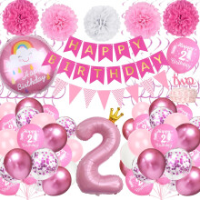 2nd Birthday Decorations for Girls, Pink 2nd Party Decorations Set with Pink Number 2 Foil, Happy Birthday Banner, Paper Pompoms for Girls 2 Years Pa