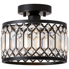 Modern Semi Flush Mount Ceiling Light, 9 Inch Black Round Crystal Fixture for Bedroom Kitchen Hallway