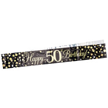 9ft Banner Sparkling Fizz 50th Birthday Black & Gold Holographic