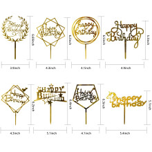 OWill 8 Pcs Happy Birthday Cake Toppers Acrylic Cake Toppers Cake Decoration Party Supplies for Children or Adults Various Cupcake Topper (Gold)