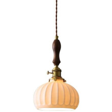 Vintage Farmhouse Wood and Glass Pendant Light with Antique Brass Shade for Kitchen Island 18CM