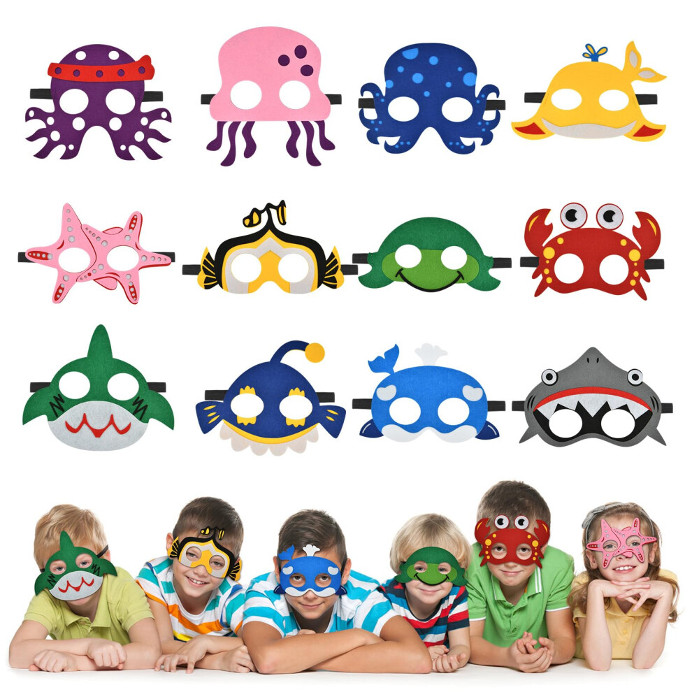 Uraqt Cartoon Masks, 12Pcs Kids Marine Organism Masks, Dress Up Cute Animals Mask For Boys & Girls, Felt Eye Mask With Elastic Rope For Masquerade Bi