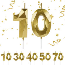 URAQT 10th Birthday Candles, Number 10 Candle, 3D Shape Gold Candles, Birthday Candle for Cake, Cake Topper Decorative for Anniversary, Wedding, Grad