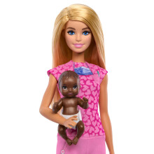Barbie Baby Doctor Doll with Blonde Fashion Doll Wearing Pink Scrubs, 1 Baby Doll with Baby Accessories & Furniture, JCR72