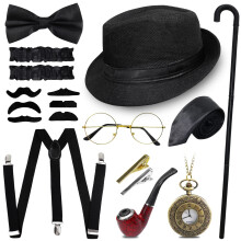 Grantop 11PCS Gatsby Costume Accessories Set,Roaring Retro Gangster Costume Vintage 1920s Men Costume Accessories Hat, Glasses, Tie Clip, Tie, Bow, S