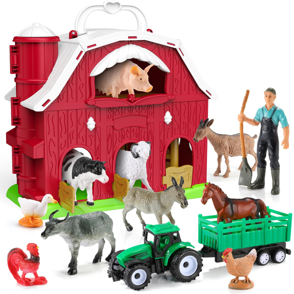 Photos - Other Toys HappyKidsClub Farm Animal Toys for 1-4 Year Olds | Montessori Learning Barn with 10 Animals & Farmer & Cart | Safe Education