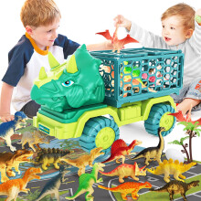 Dinosaur Truck Toy for Kids 3-5 Years Old, Triceratops Transport Car Carrier Truck with 15 Dino Figures Activity Play Mat Egg and Trees Dinosaur Esca