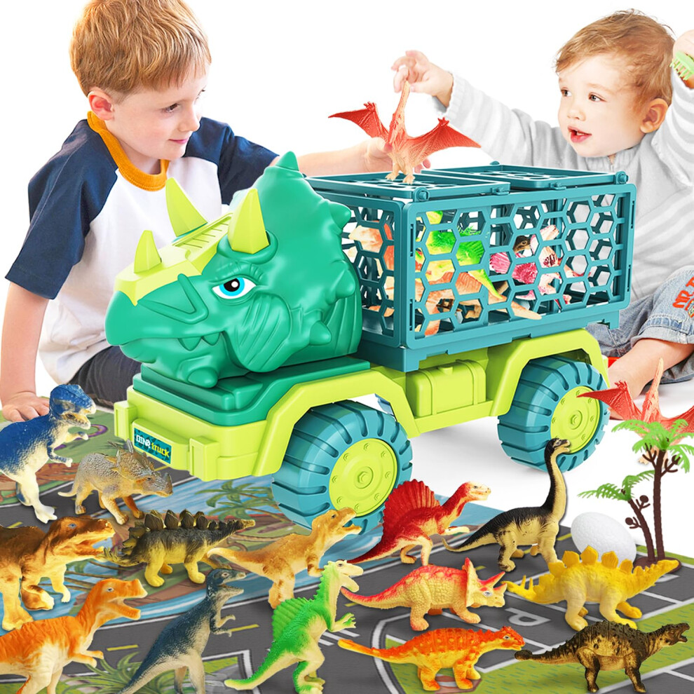 Jkgifts Dinosaur Truck Toy For Kids 3-5 Years Old, Triceratops Transport Car Carrier Truck With 15 Dino Figures Activity Play Mat Egg And Trees Dinosaur Esca